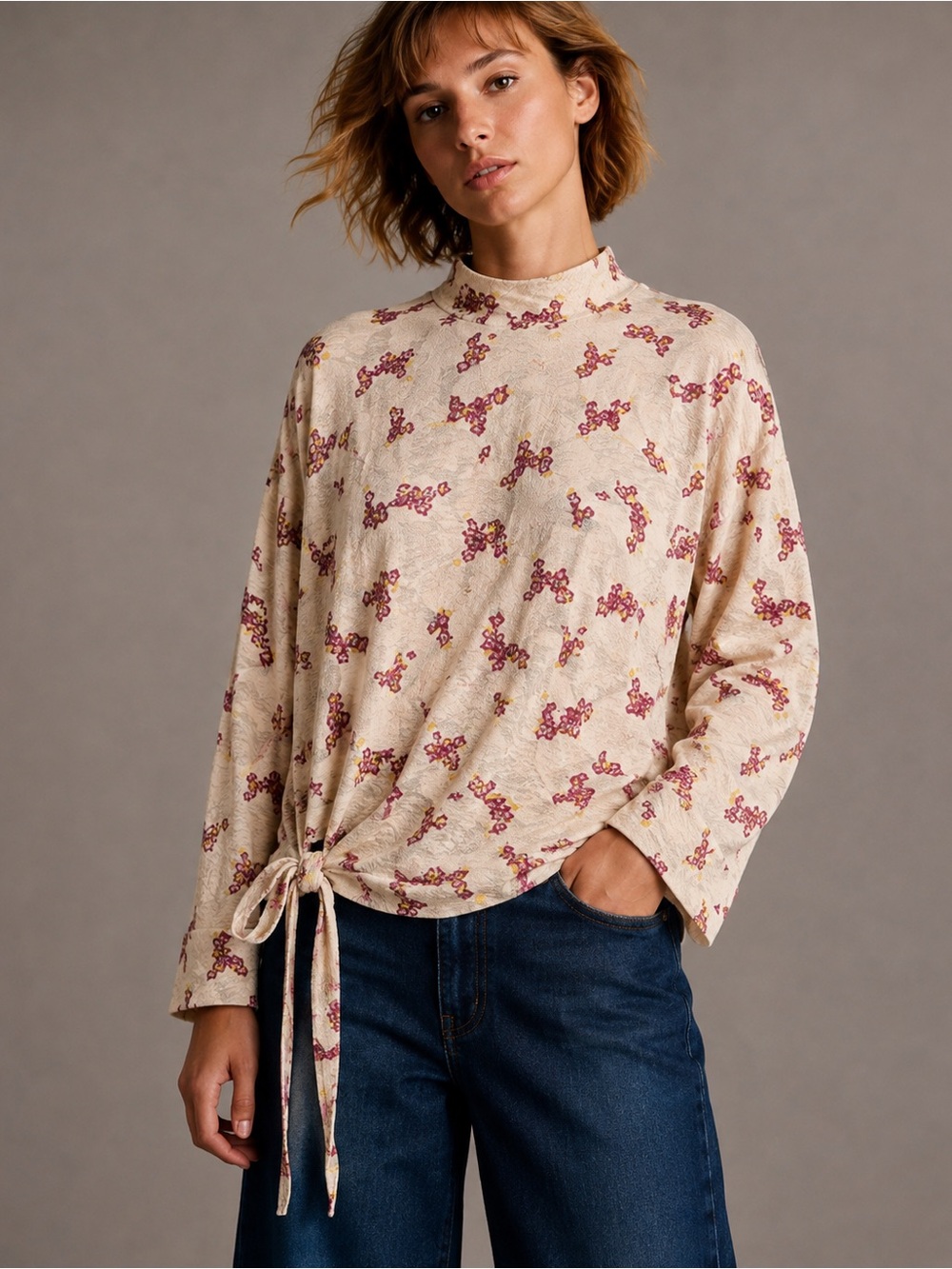 Zara Cream Mock-Neck Long Sleeve Top with Pink Floral Motif and Side Tie